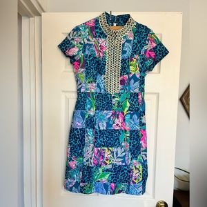 Lilly Pulitzer Adrena shift dress in a blue patchwork print with gold accents